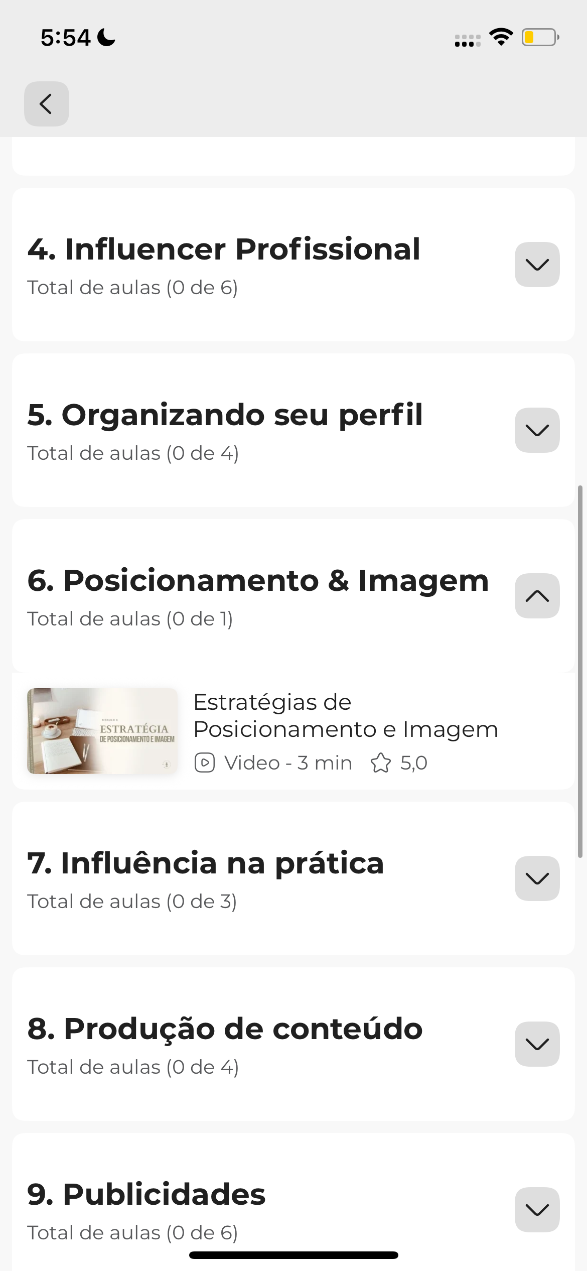 Lista de módulos no app Icons